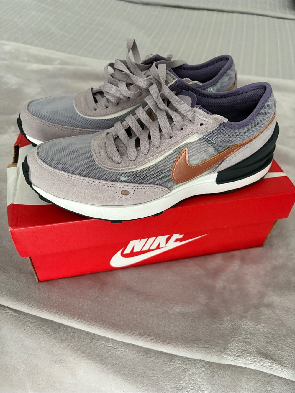 Nike Lavender Gray Sneakers with Copper Swoosh and Black Heel